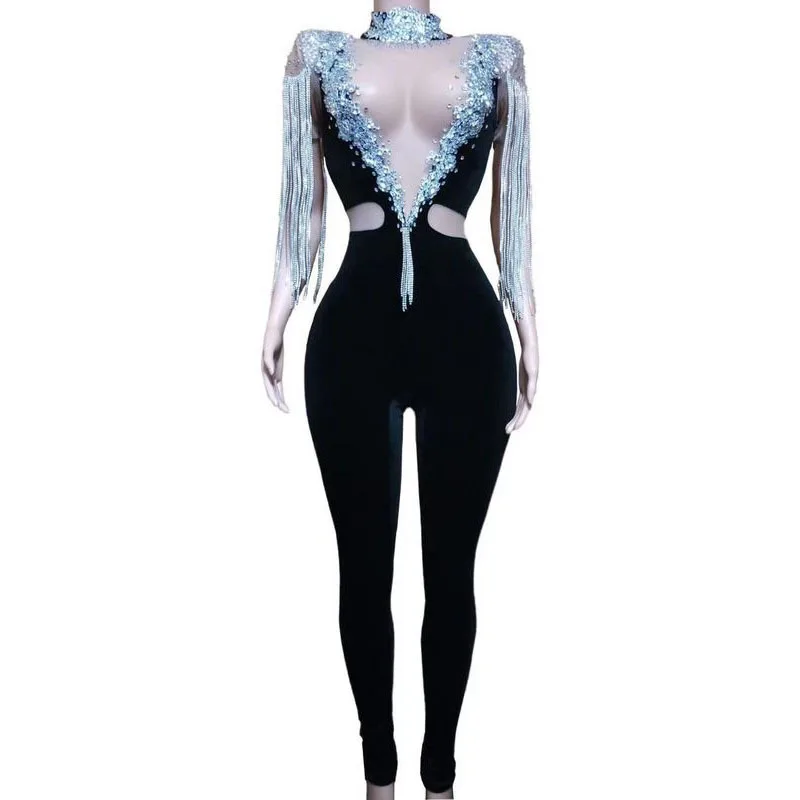 

Singer Dance Stage show Club Bar Black Jumpsuit Women Rhinestones Chain Stretch Birthday Party Evening Celebrate Outfit