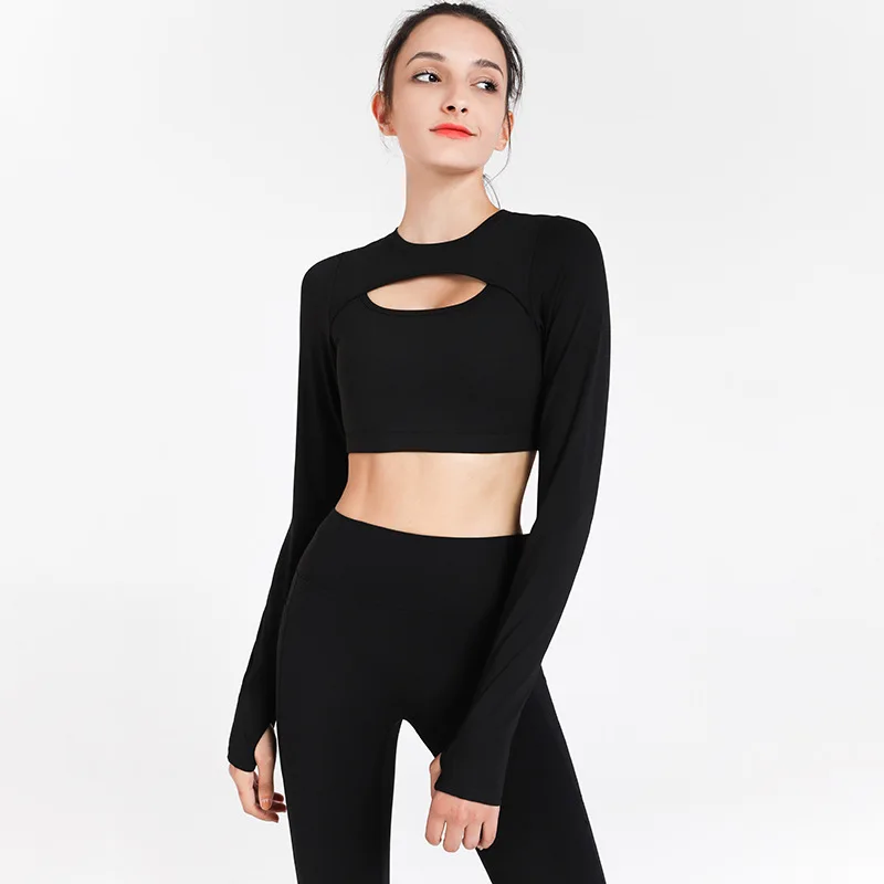 

Sports Long-Sleeved Women T-Shirt Short Navel Stretch Tight Yoga Clothes Tops Running Training Fitness Clothes ZCX