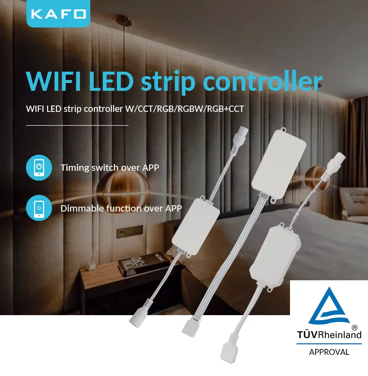 TUV approval WIFI smart LED strip controller for WW/CCT/RGB/RGBW/RGB+CCT LED strips Amazon alexa/Google assistant Tuya solution