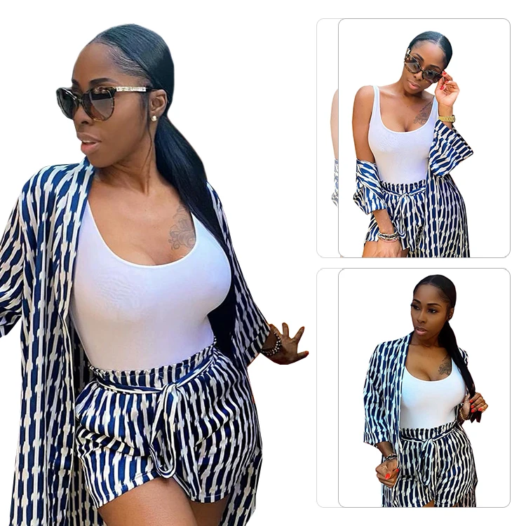 

2021 new arrivals summer casual classy fashion stripe 2 two piece short pants set women clothes outfits clothing, Navy blue