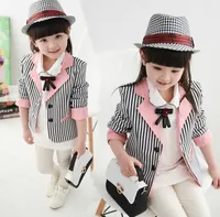 

Kid Girl Autumn Blazers Children Girl Pink Collar White/Black Striped Jacket Student Girl Outdoor Wear Top for 3-9T