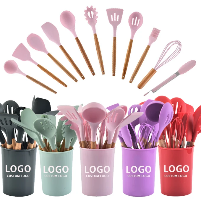 

Hot selling 12pcs In1Set Kitchen Accessories Cooking Tools Kitchenware Soft Silicone Kitchen Utensils With Wooden Handles, Green,red,purple,black,pink,custom