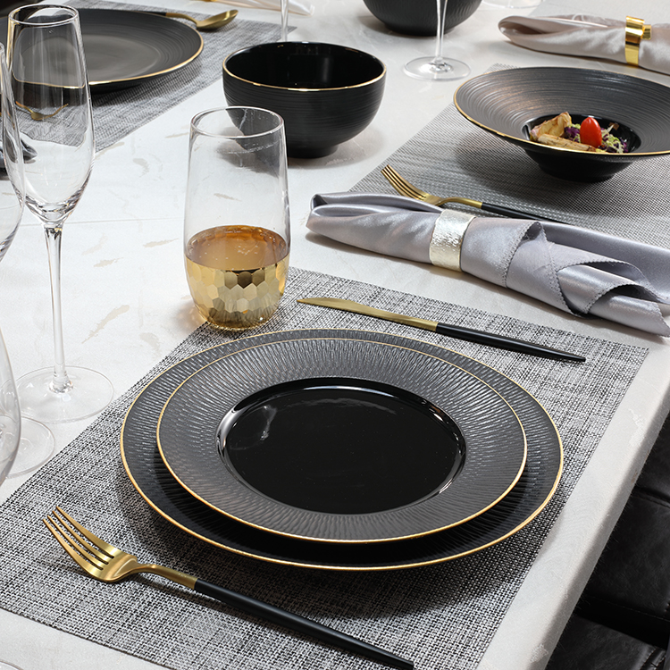 
P&T Royal Wholesale Matt Black Horeca Porcelain Gold Rim Embossing Ceramic Dinner Plate Crockery Restaurant Dinnerware P&T Royal Wholesale Matt Black Horeca Porcelain Gold Rim Embossing Ceramic Dinner Plate Crockery Restaurant Dinnerware