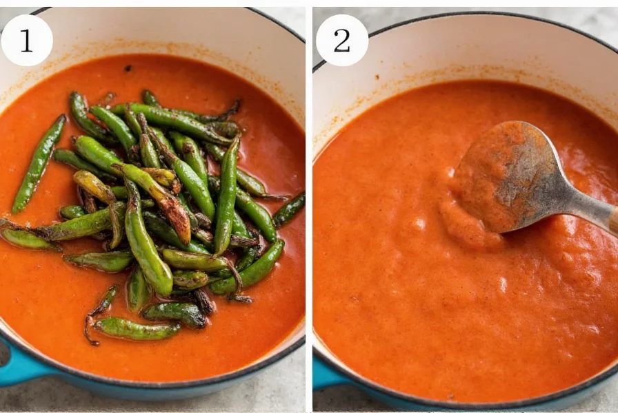 Step-by-step preparation of chili relleno soup showing roasted poblano peppers being blended with tomato broth