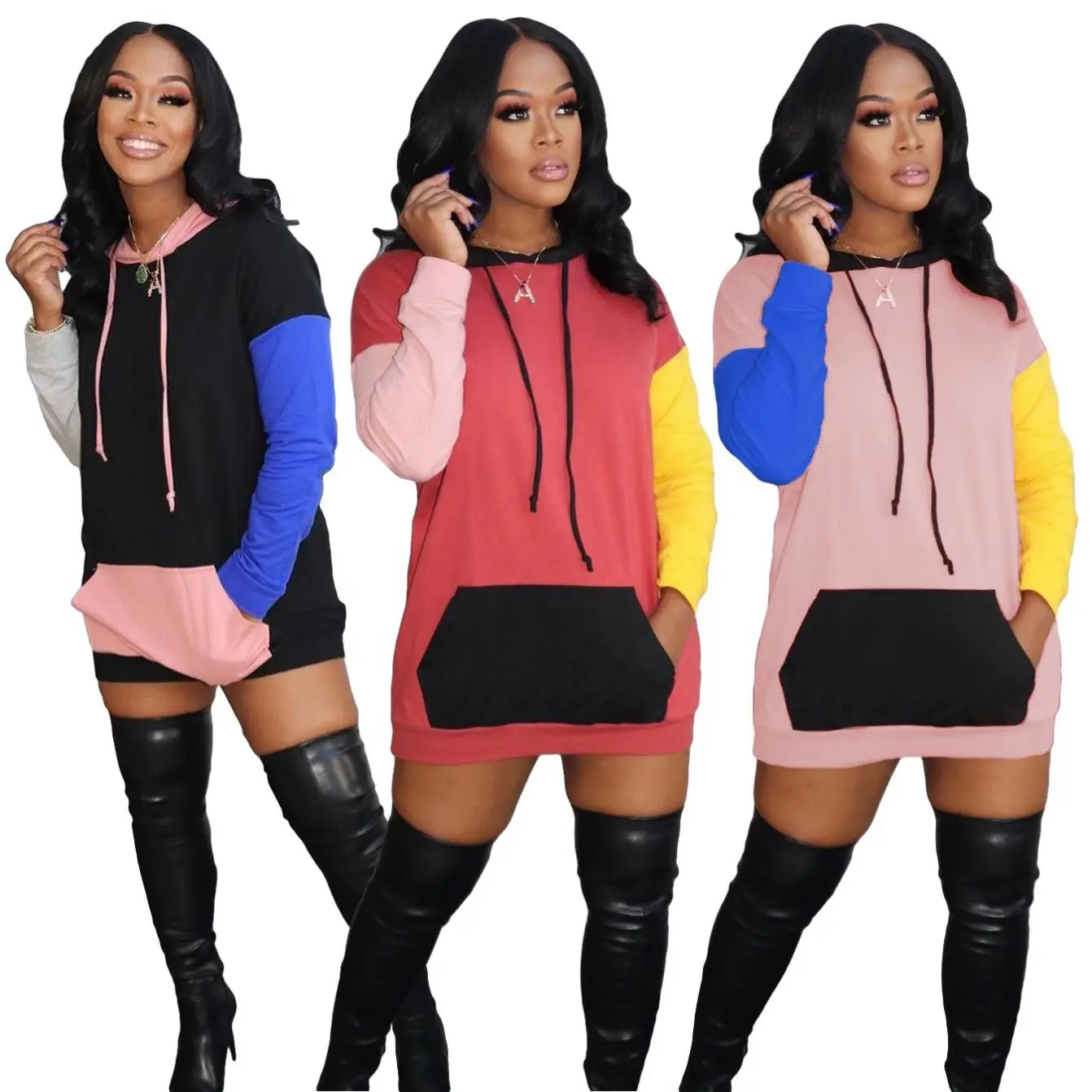 

2021 Spring New Products Hooded Sweatshirt Women's Color Matching Hat Hoodie Short Skirt casual dresses