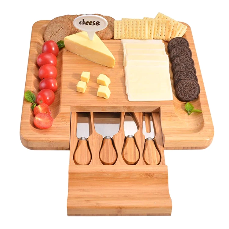 

OEM Bamboo Cheese Board And Knife Set/Wood Charcuterie Platter And Serving Meat & Cheese Board With Slide-out Drawer For Cutlery, Natural bamboo color/as picture show