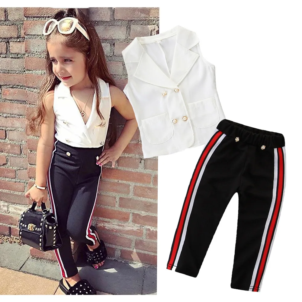 2PCS New Style White Sleeveless Vest Shirts + Stripe Pants Girl Clothes Set Outfits Children Kids Clothes Sets