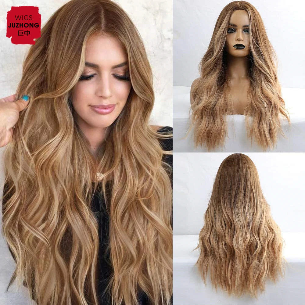 

Long Middle Parting Hair Wigs for Women Ombre Color Brown to Light Brown Synthetic Curly Hair Wig