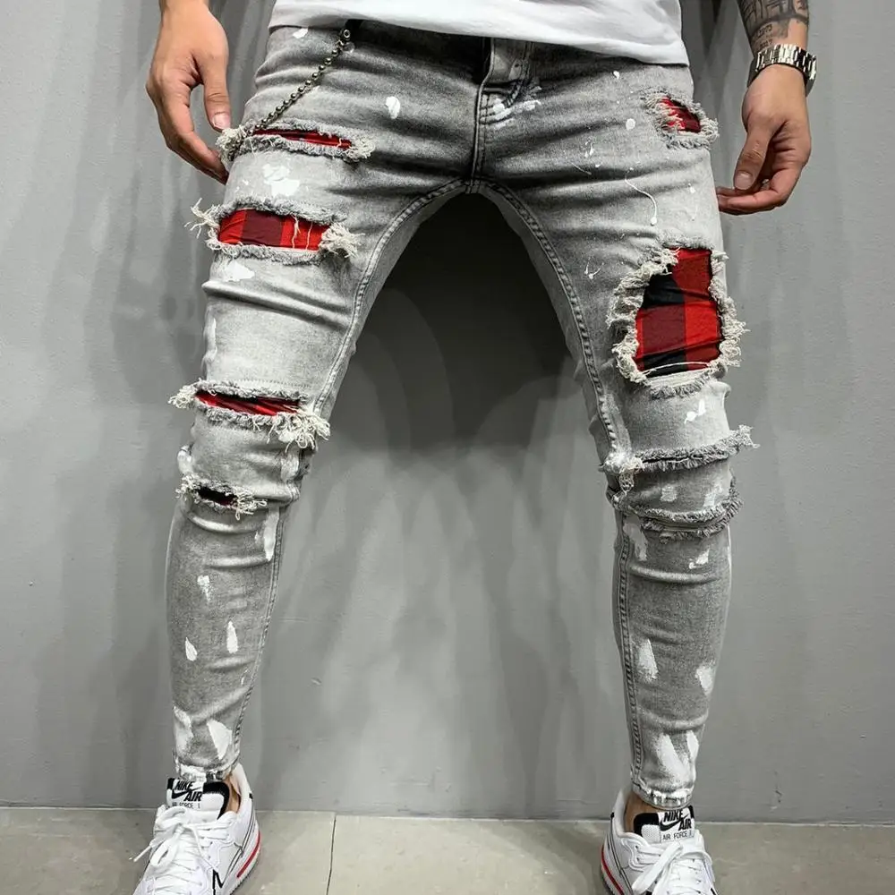 

Wholesale New Men's Plaid Slim Fit Ripped Feet Pants Paint Patch Fashionable Men's Jeans