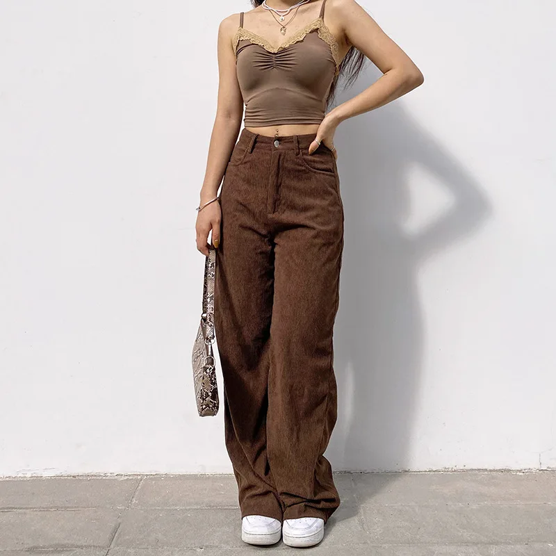 

stretch women bottoms loose hot fashion casual chino custom high waist streetwear lady loose corduroy wide leg pants women, As picture