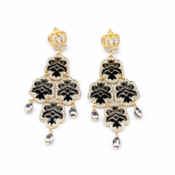 

ed00481 Kiss Me Designs Wholesale Women Fashion Crown Jewelry Black Crystal Rhinestone Charms Earrings Statement Long