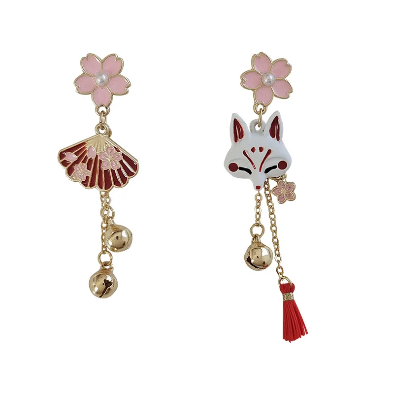 

South Korea S925 silver needle pink flower cute cartoon animal fox tassel irregular earrings earrings