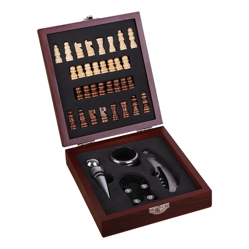 

Wooden Wine Corkscrew Bottle Opener Accessories Chess Box Gift Set With Chess
