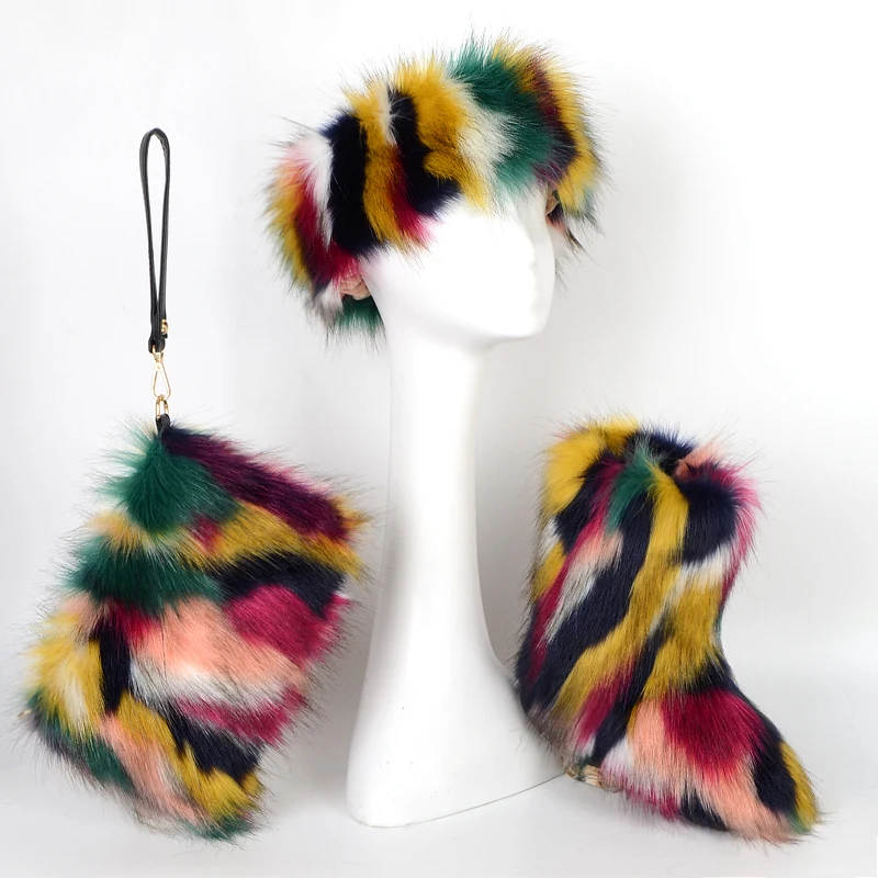 

Daily wear outdoor furry fur headband faux fur boots wallet set, Different colors