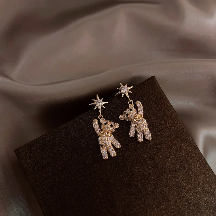 

fashion real gold plated star crystal zircon bear earrings