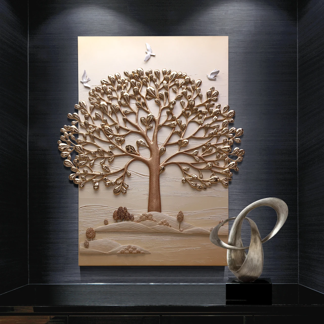 

New Style Hot Sale Home Sofa Background Decor 3D Wall Art Golden Tree Painting For Living Room, Customized color