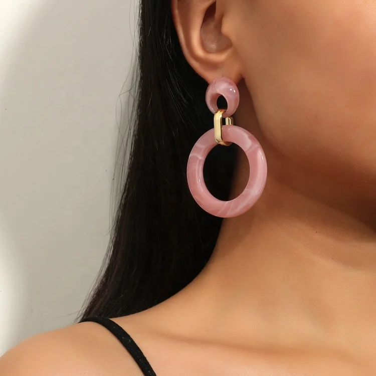 

Sweet Fashion Double Hoop Pendant Earrings Pink Acrylic Acetate Geometric Hoop Earrings, Pink/yellow