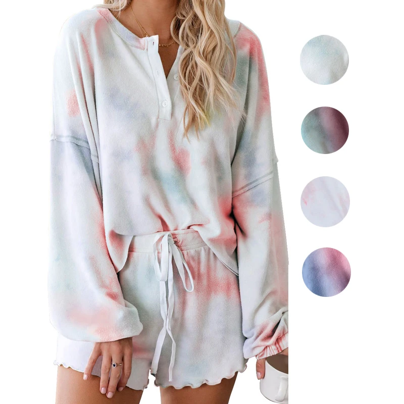 

2020 Fashion New Customized Tie Dye Knit Pyjamas Set Women's Sleepwear, Shown
