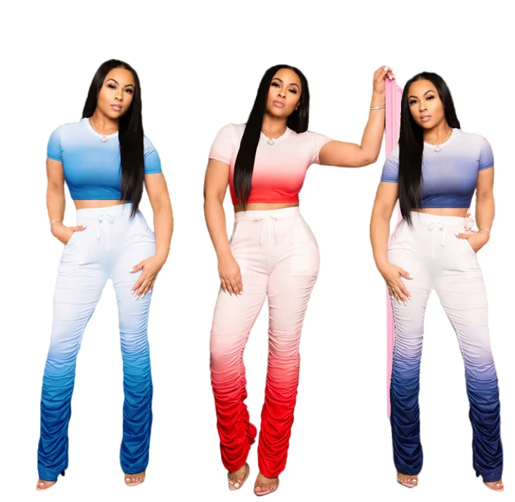 

Fahion Colorful Tie Dye Pants Suits Wholesale Stacked Women Clothing Sexy Stacked Pants Crop Tops Two Piece pants Sets