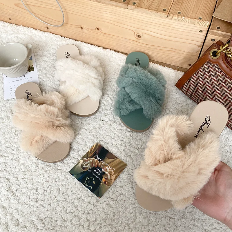 

fashion trend women fur flat fluffy slippers for ladies, Candy color