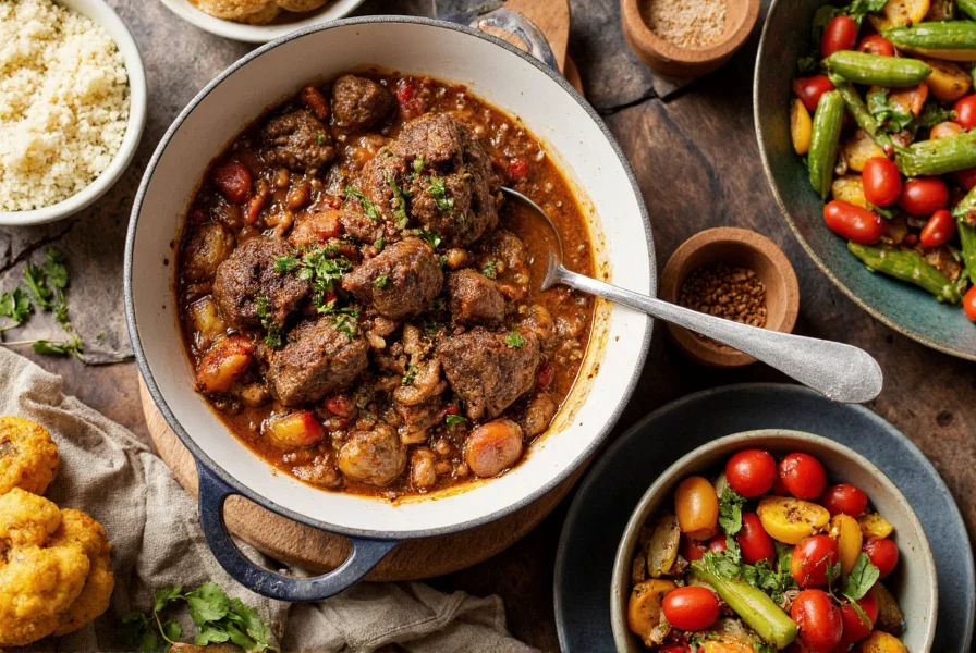 Lamb and cumin recipe served with side dishes including couscous, roasted vegetables, and fresh herbs on a rustic dining table