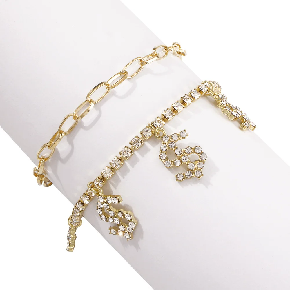 

Customize Luxury Diamond Anklet 18k Gold Plated Zodiac Anklet Cuban link Chain Foot Jewelry Money Dollar Set Women Anklets, Gold color