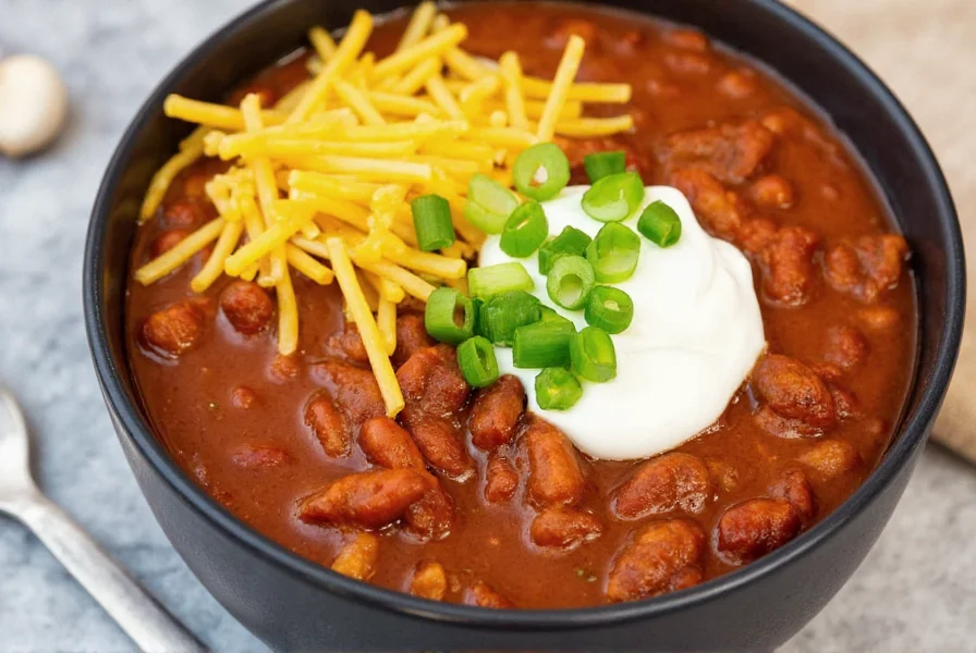 Quick chili served in bowl with toppings including shredded cheese, sour cream, and chopped green onions
