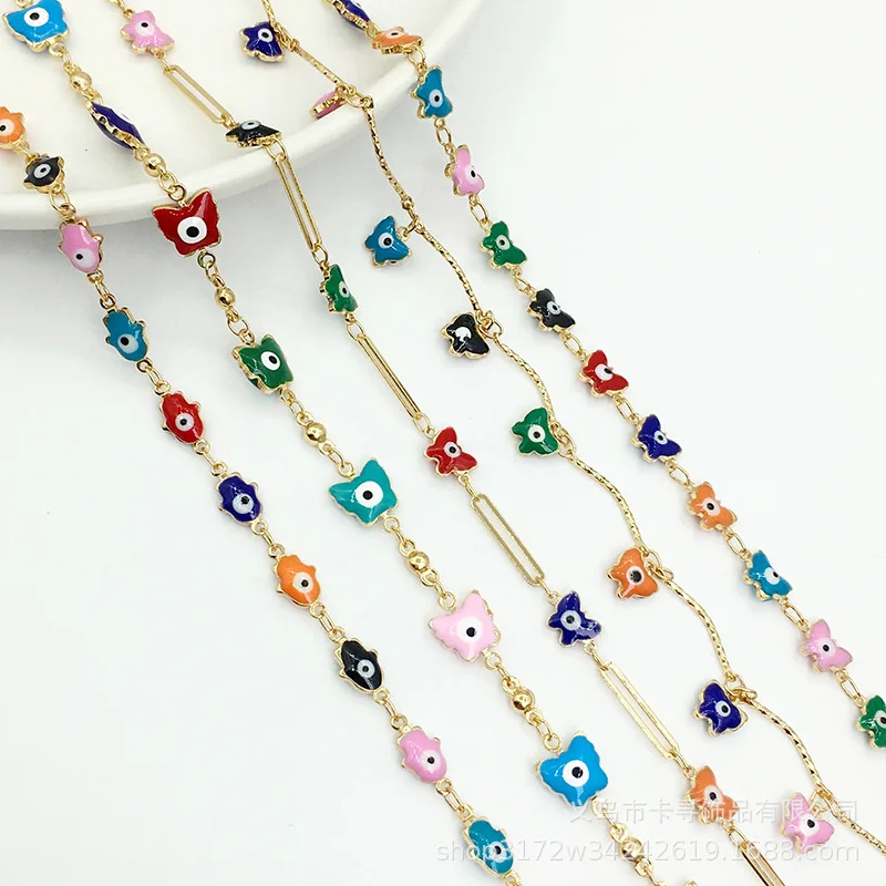 

Brass Jewelry Findings Handmade Devil Evil Eye Heart Hand Charm Bracelet Necklace Chain With Colorful Enamel Beads & Rhinestones