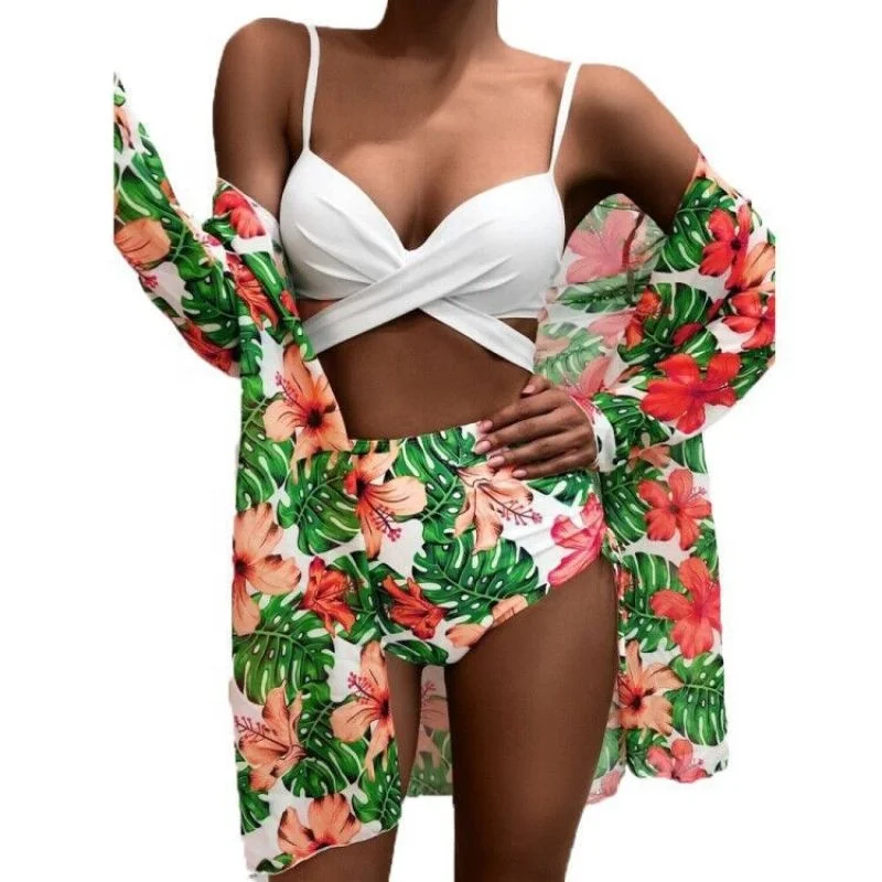 

Newest 3 Pcs Women Swimwear Fashion Sexy Floral Bikini Set Swimming Swim Beach Cover Up Swimsuit Swimwear Hight Waist Beachwear, 5 colors can choose