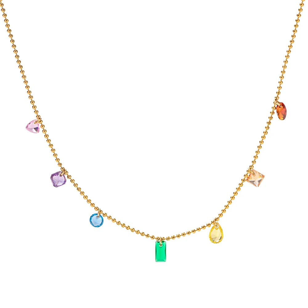 

Waterproof 18K Gold Plated Stainless Steel Jewelry Mulit Colorful Cubic Zirconia Bead Chain Choker Necklace