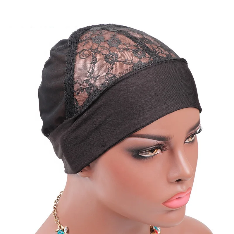 

Amazon hot sale adjustable wig accessories breathable and cool ice silk lace mesh headband wig cap for wigmaking, Black