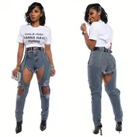 

1219M066 lowest price high waist hollow-out washed shorts long leg patchwork denim Pant Jeans High Fashion Womens Clothing