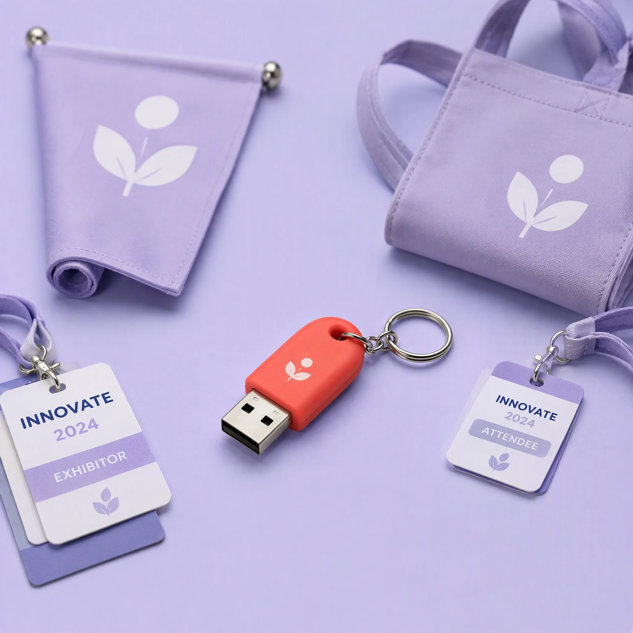 Conference Merch Setup with Innovate 2024 Attendee Badges, Mini Canvas Tote, Pennant Flag, and Silicone USB Drive