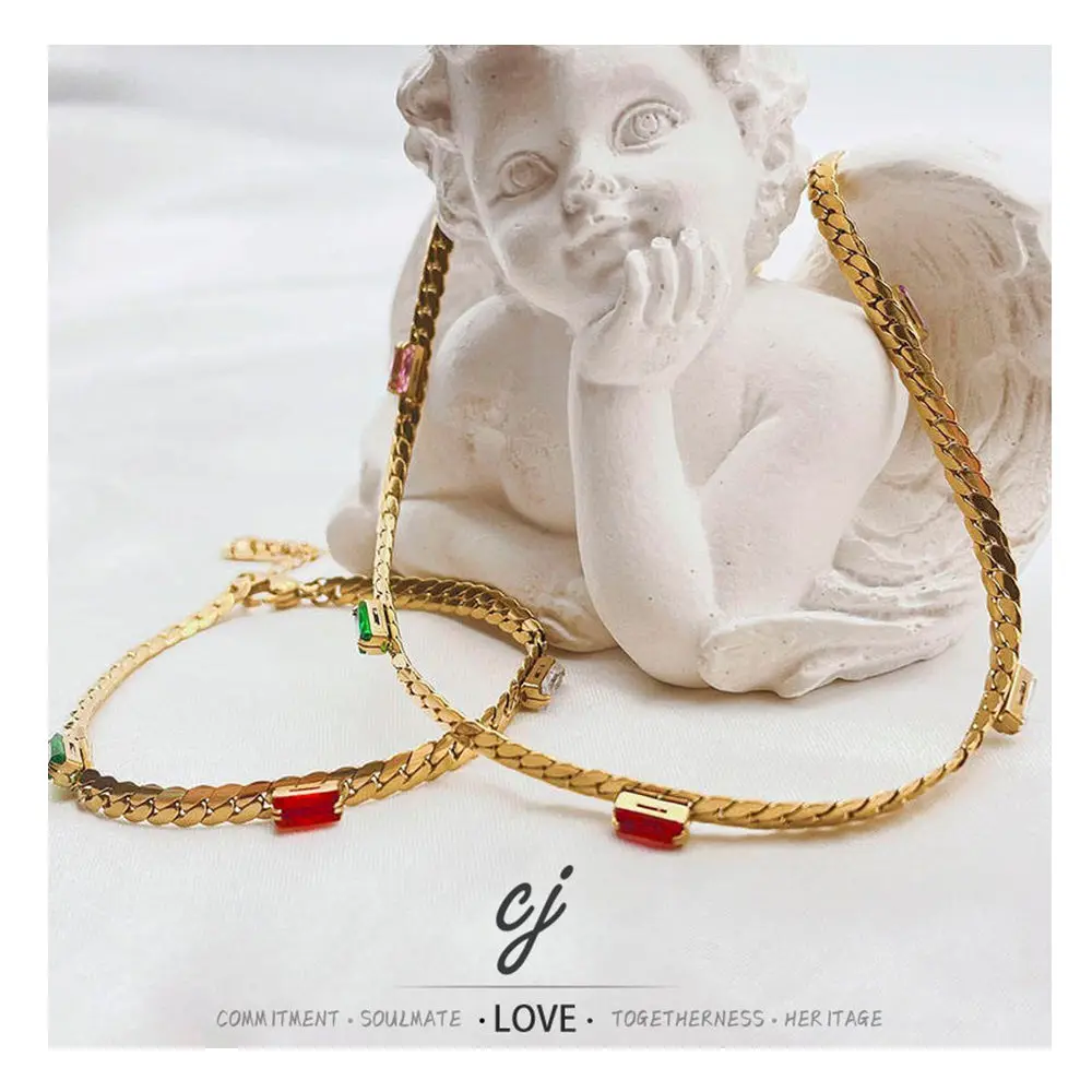 Carline Designer Stainless Steel Jewelry Set Colorful Zircon Fashion Choke Chain Necklace Bracelet Set for Women