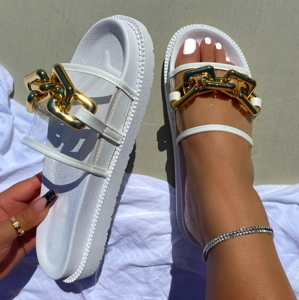 

Fashion NEW Clear Chain-Link Bag Sandal Slippers for Women Transparent Summer Flat Slides Slipper Sandal Ladies Shoes Pink Black