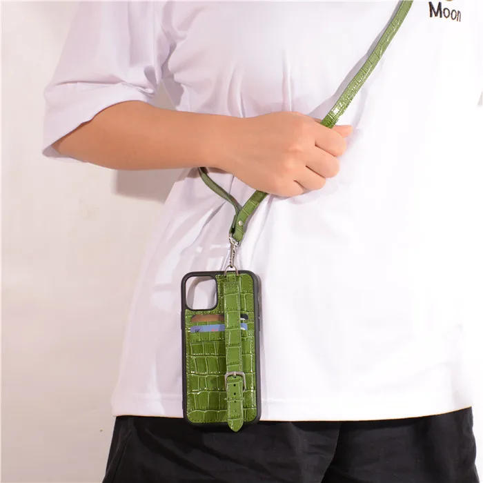 

Embossed Crocodile Leather Phone Case With Card Slots Crossbody Shoulder Strap Mobile Phone Cover For iphone 12 pro, Red,green,gray,customized