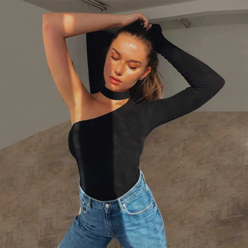 

Sexy Fashion High Neck Halter Neck One-shoulder Slim Bodysuit, Picture color