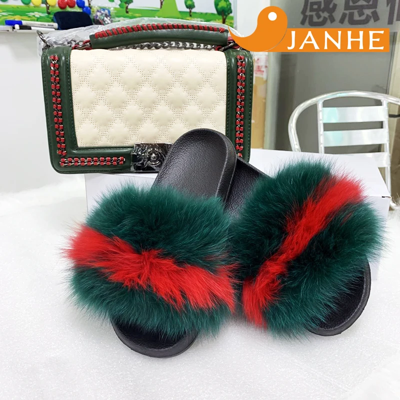 

JANHE sac bolso para mujer Female Lady Bag Match Slides Slipper Sandals Fur Purse Handbag And Shoe Set For Women