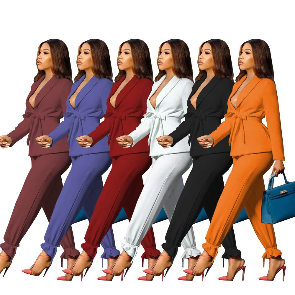 

WP-80398 Pure Color Fashion Women'S Pure Color Casual Waist Tie Small Suit Office Suit