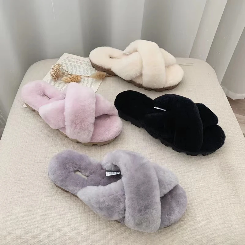 

Soft Indoor Flip-Flops Cross Slippers Furry Sheepskin Fur Home Slippers for Women