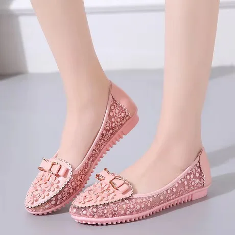 

2020 Summer New Flat Bottom Women Sweet Bow Pearl Mesh Breathable Sandals