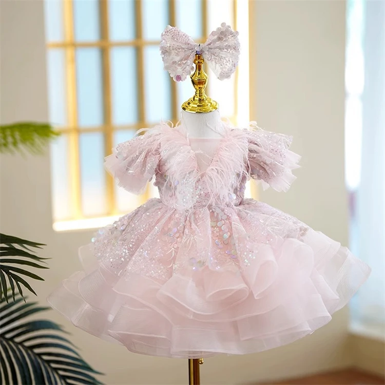 

New Style Sequined Vintage Toddler Girl Party Children Wedding Princess Dresses pink