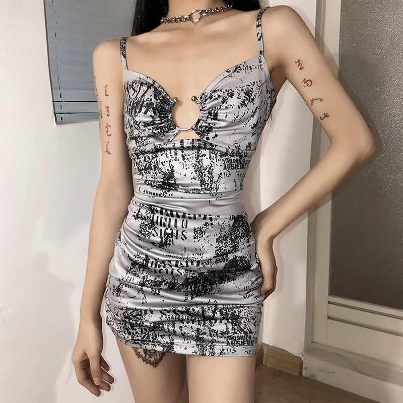 

Plus Size Women Dress 2021 New Slim Bag Hip Fashion Pattern Printing Sexy Sling Backless Folds Mini Dress Casual Women Summer