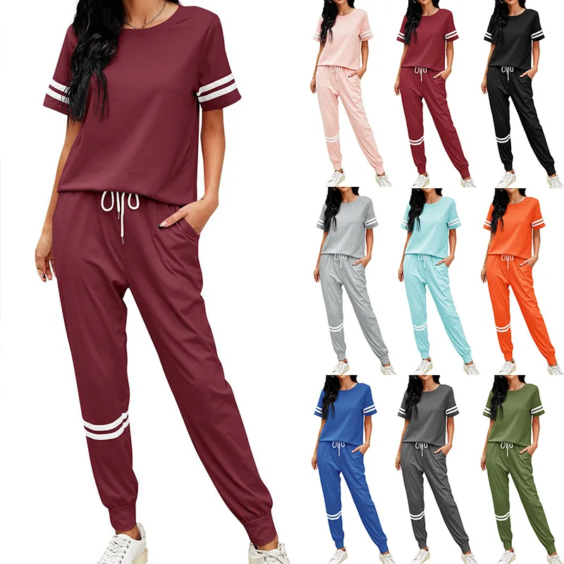

DUODUOCOLOR Solid color casual white stripe printed pocket two piece pants set woman fashion clothing 2021 tracksuit D10553