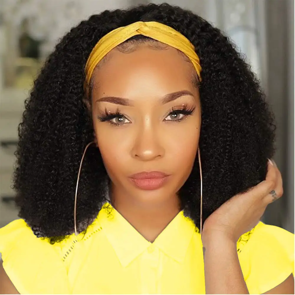 

100 % human hair wigs with attached headbands brazilian hair afro kinky curly wigs for women