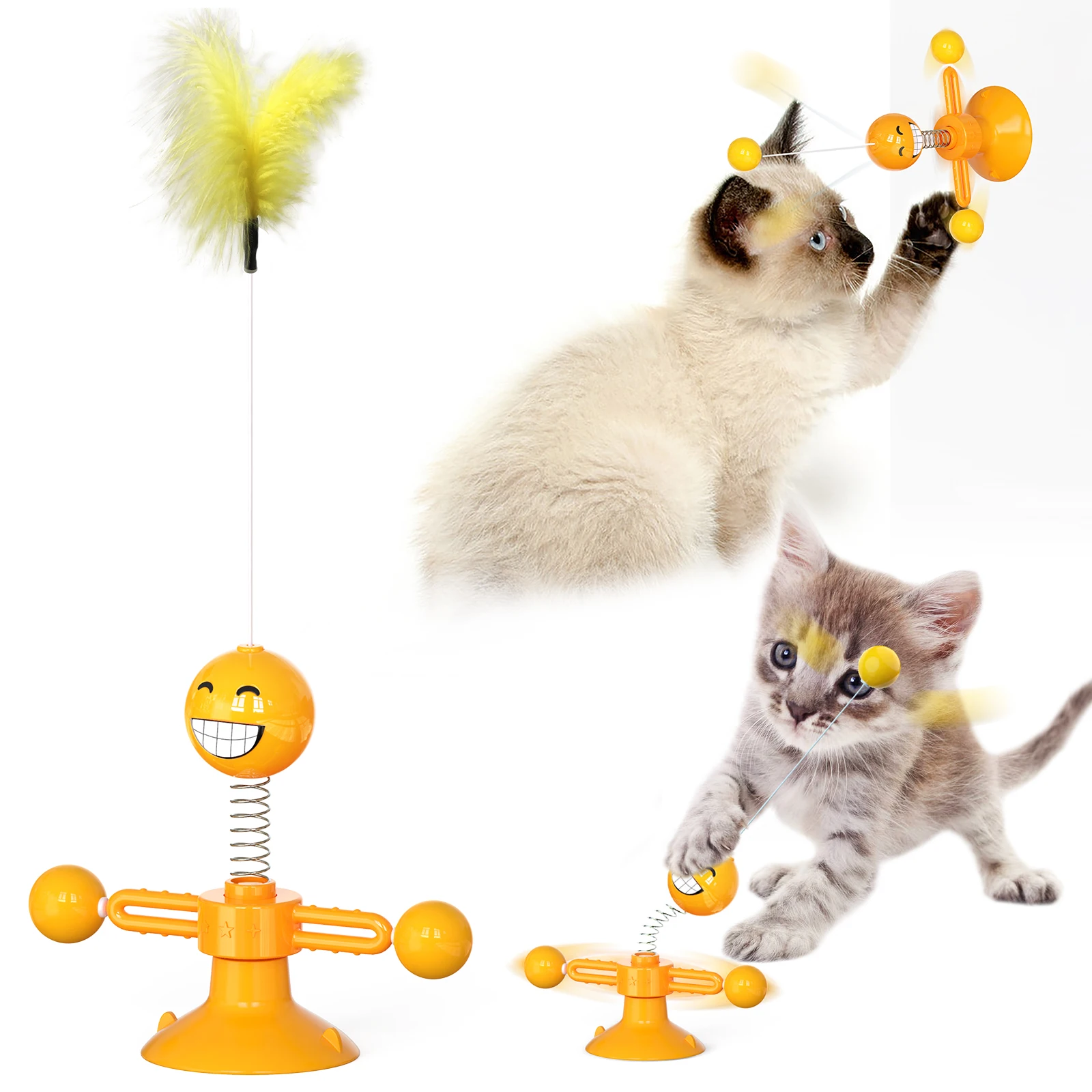 

Midepet Wholesale Pet Suppliers Windmill Teasing Interactive Toy Cat Toy Turntable Training With Catnip Feather Toys, Light blue,yellow,light green
