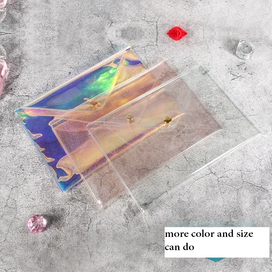 

custom printing pvc holographic button pouch holographic clear transparent zipper bag ziplock clutch bag