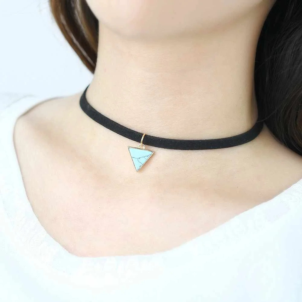 

Trendy Chocker Turquoise Triangle Pendant Korean Velvet necklace Female Fashion Jewelry
