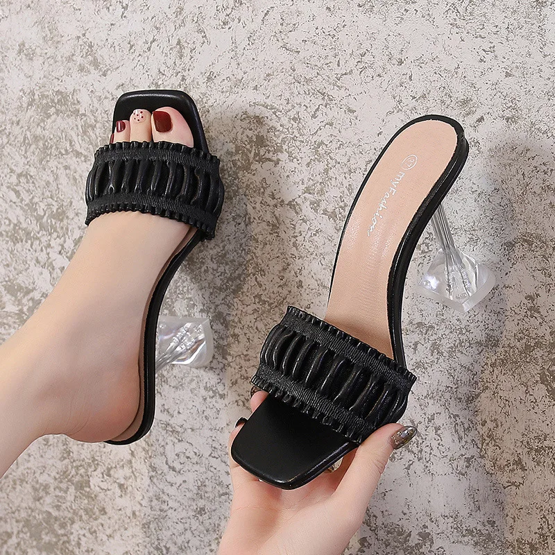 

Oversize ruched strap flared block heel women slippers sandals square peep toe lady crystals heeled mules female slides