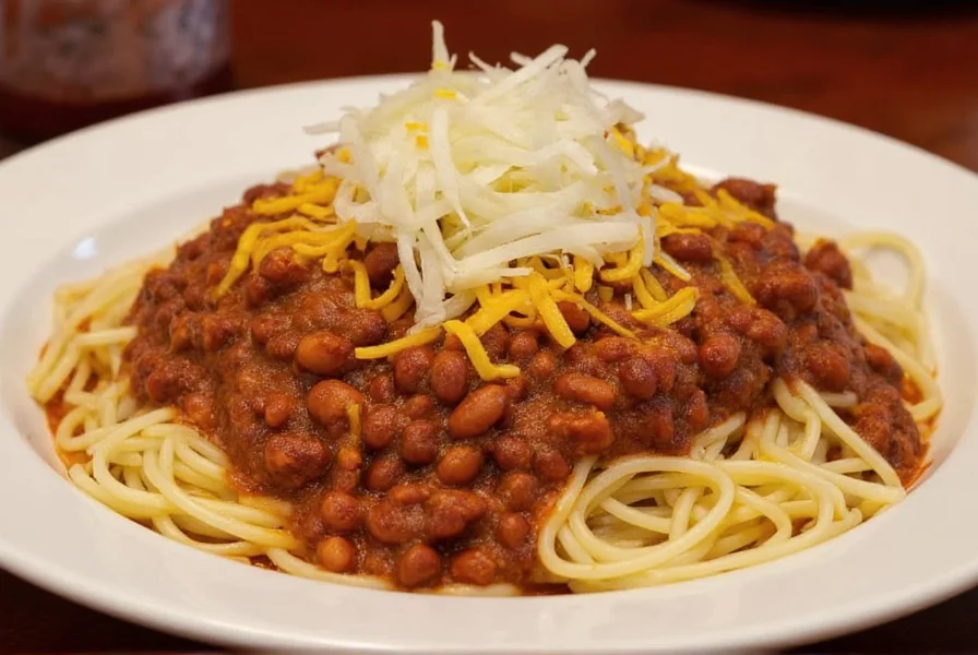 Traditional Cincinnati-style chili served over spaghetti with cheese, onions, and beans in a classic diner setting